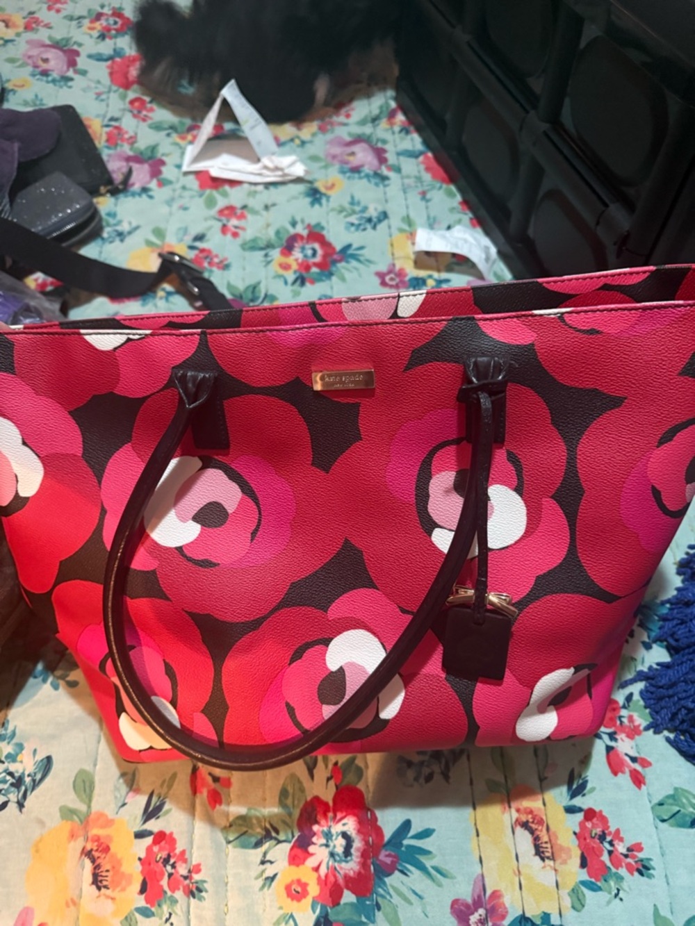 kate spade Red and Pink Floral Tote with Dark Trim